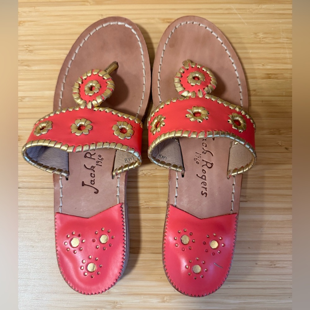 Jack Rogers Coral and Gold Sandals Size 8